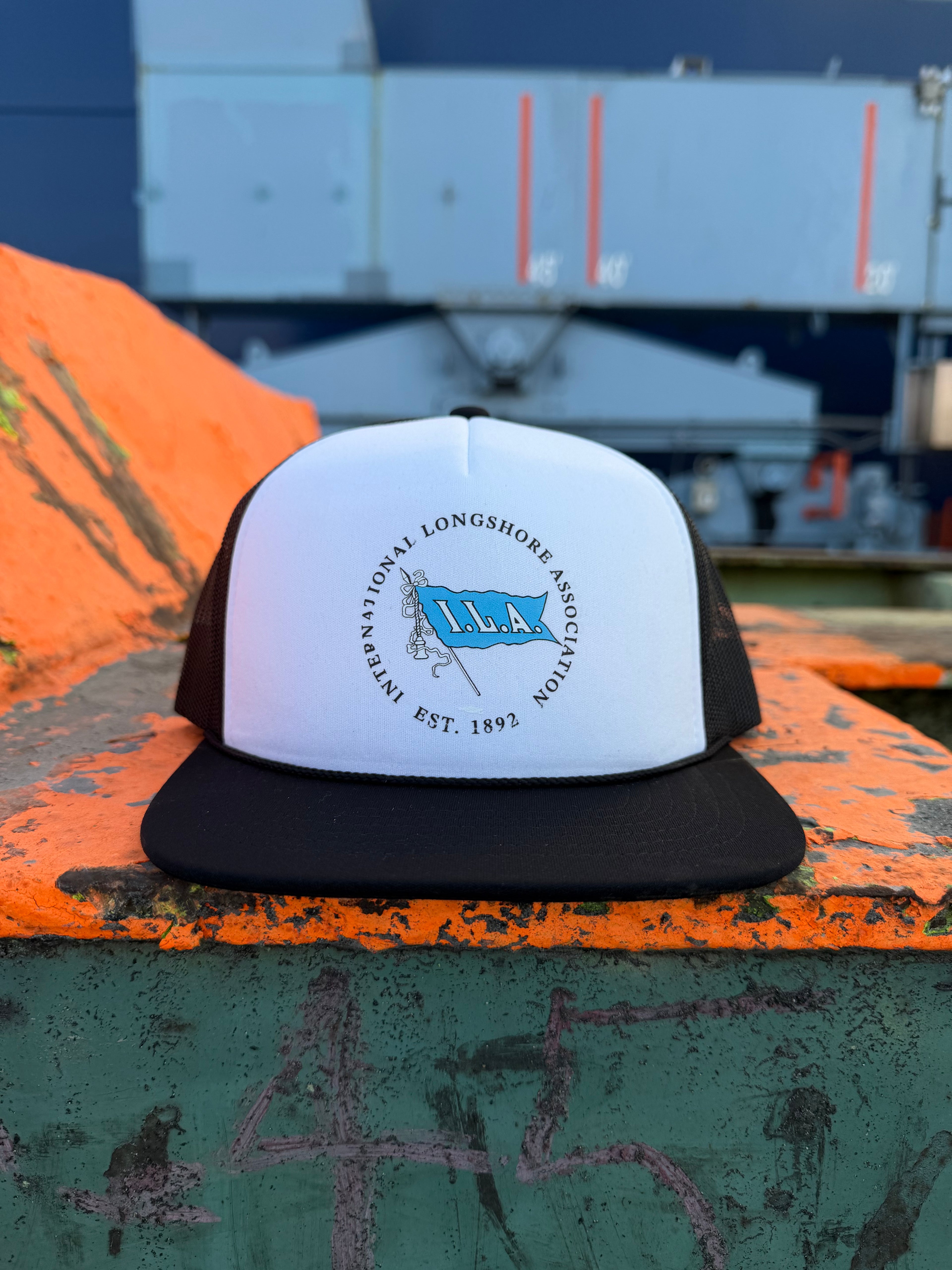 ILA FLAG BLK WHT FOAMIE TRUCKER